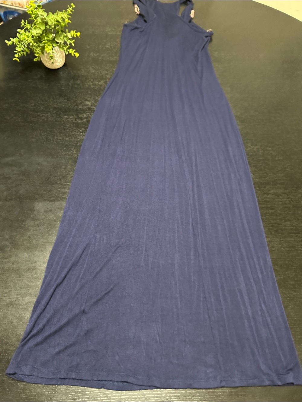Romeo & Juliet Couture Navy Maxi Dress with Multicolor Beaded V-Neck - Picture 13 of 14